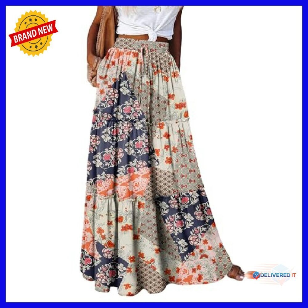 High Waist Maxi Skirt with Pockets, Polyester, Flowy Festival Wear - Picture 3 of 7